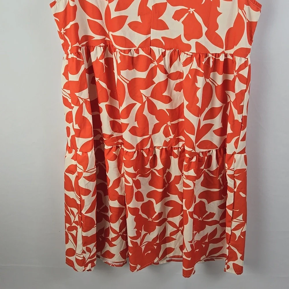Shein Orange & White Floral Print Sleeveless Notch Neckline Ruffled Dress Sz M